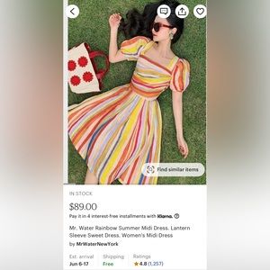 Mr. Water Rainbow Summer Midi Dress. Lantern Sleeve Sweet Dress in xl